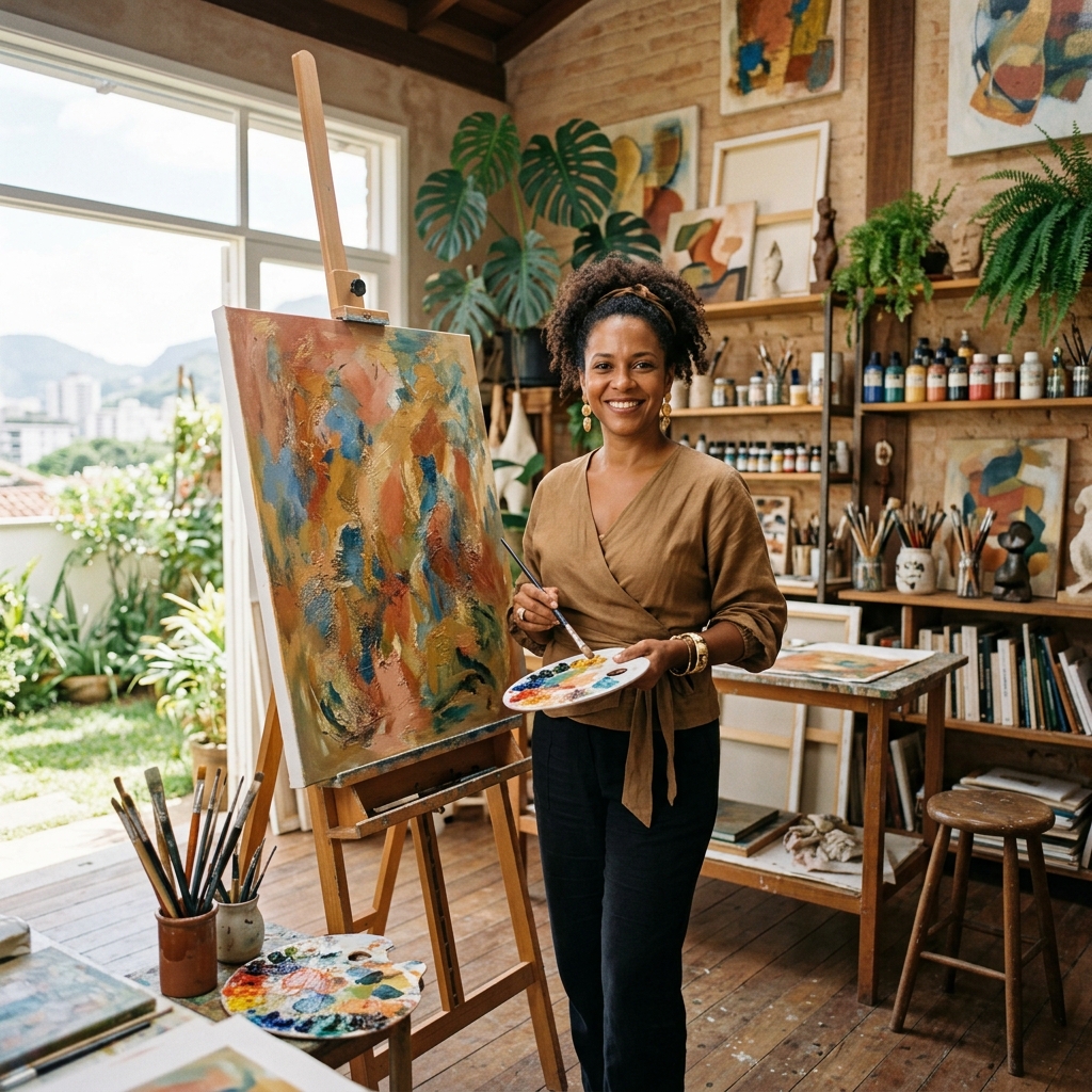 Foto da artista plástica Ailda Deiró em seu ateliê